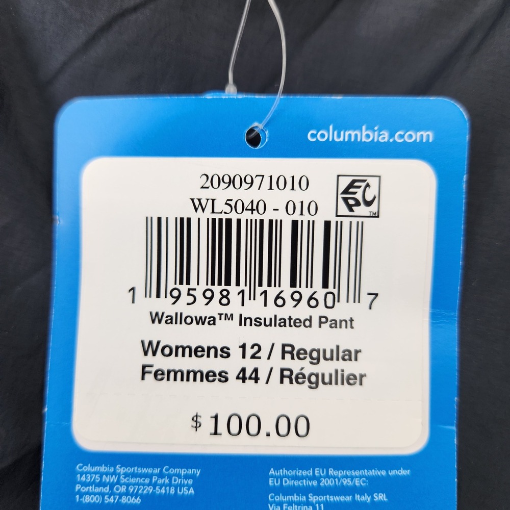 Columbia Wallowa Insulated Pants Womens 12 Regular Black Quilted WL5040-010 NEW - Picture 2 of 7